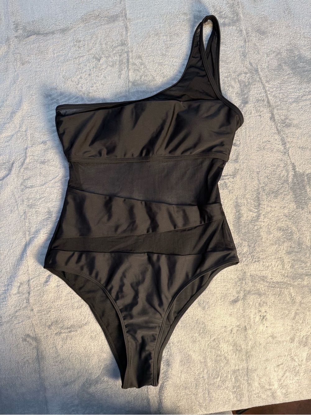 One-Shoulder Black Mesh Panel Women’s Swimsuit Medium
